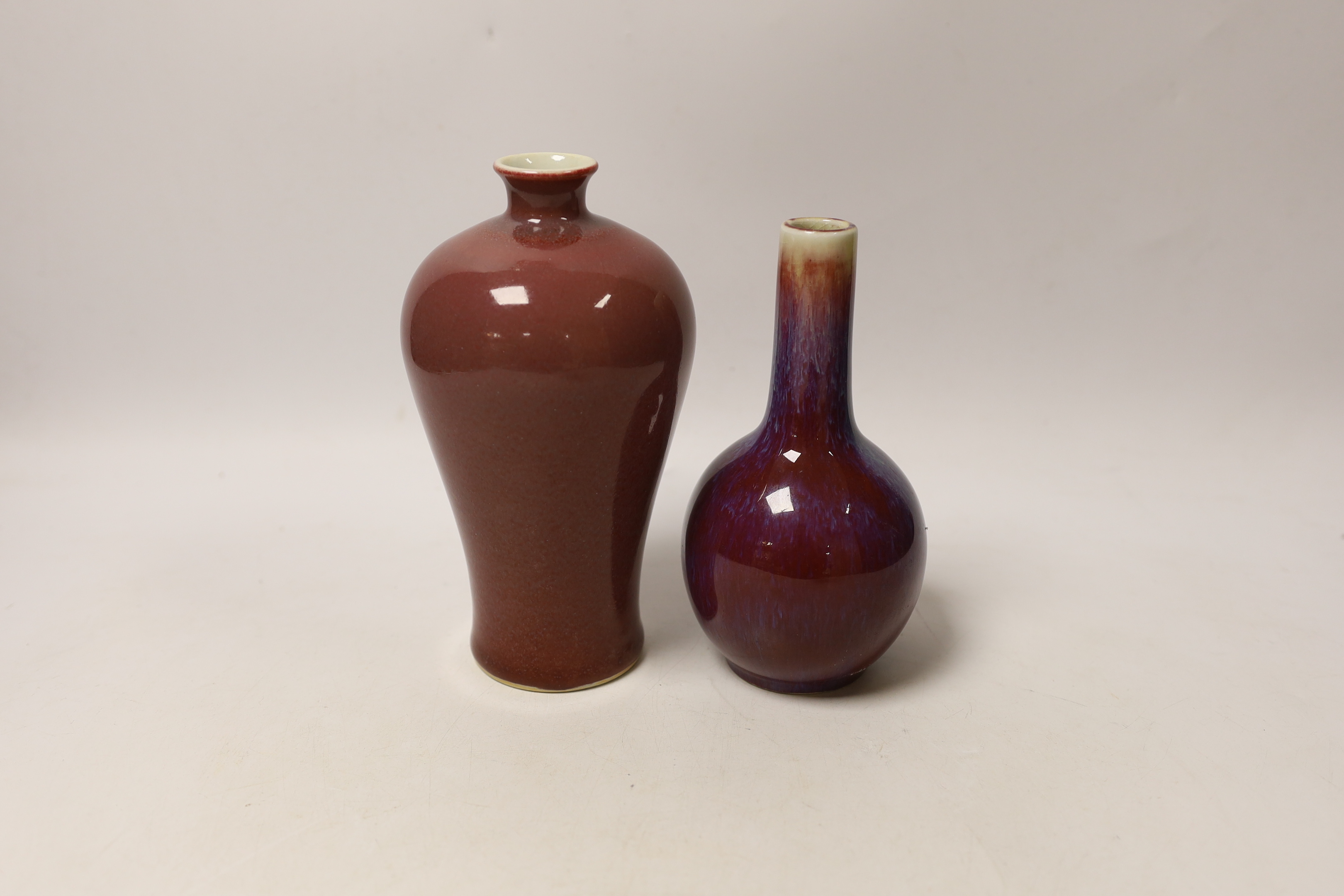 Two Chinese flambe glazed vases, tallest 18cm